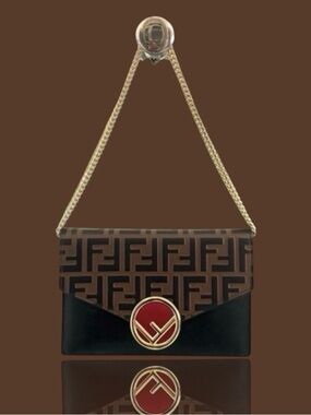 💕FENDI Vitello Cruise F FF 1974 Embossed Medium Envelope Bag BROWN BLACK GOLD